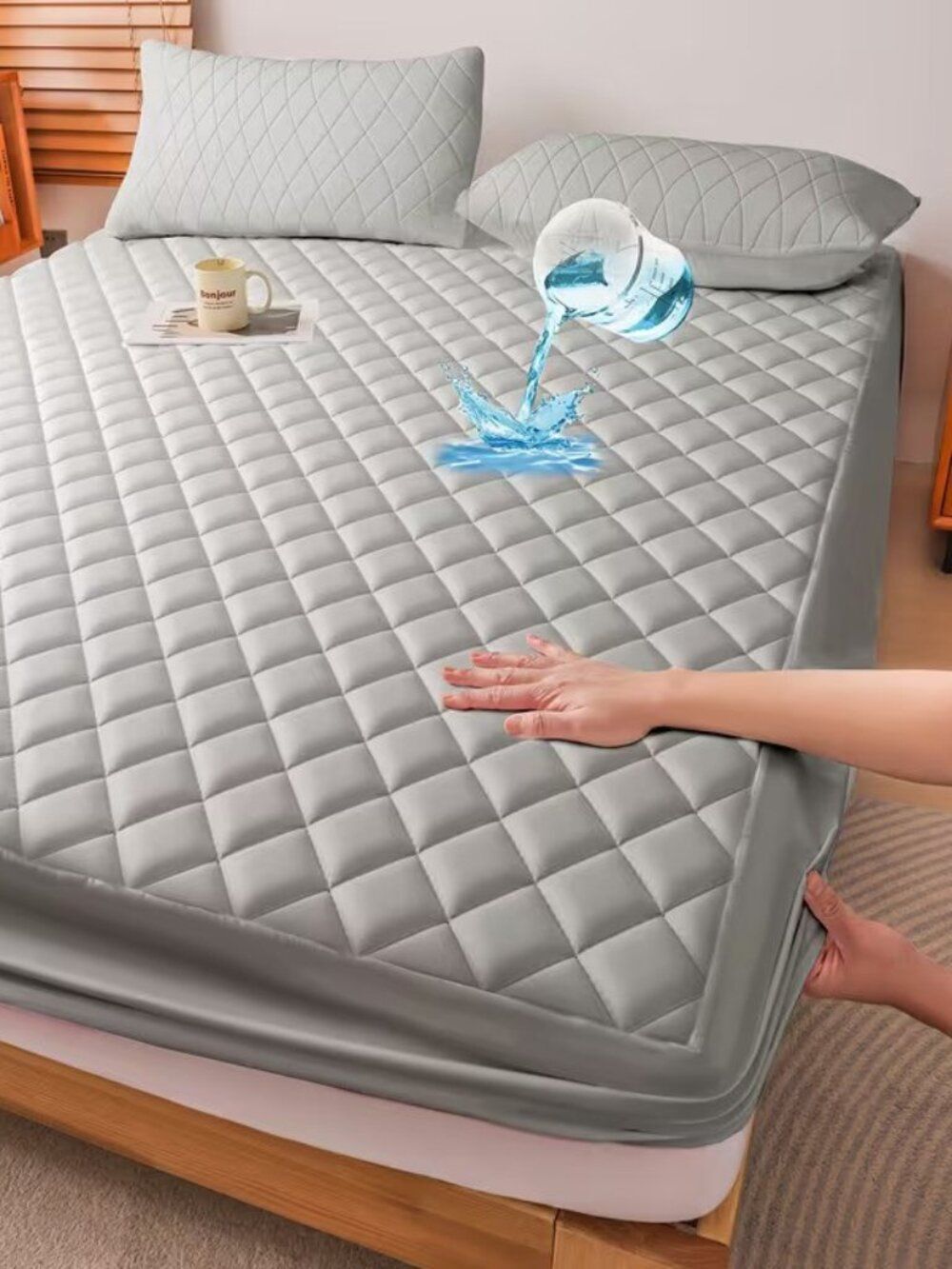 1Pc Waterproof Mattress Protector, Thickened Friendly Solid Color Quilted Cover